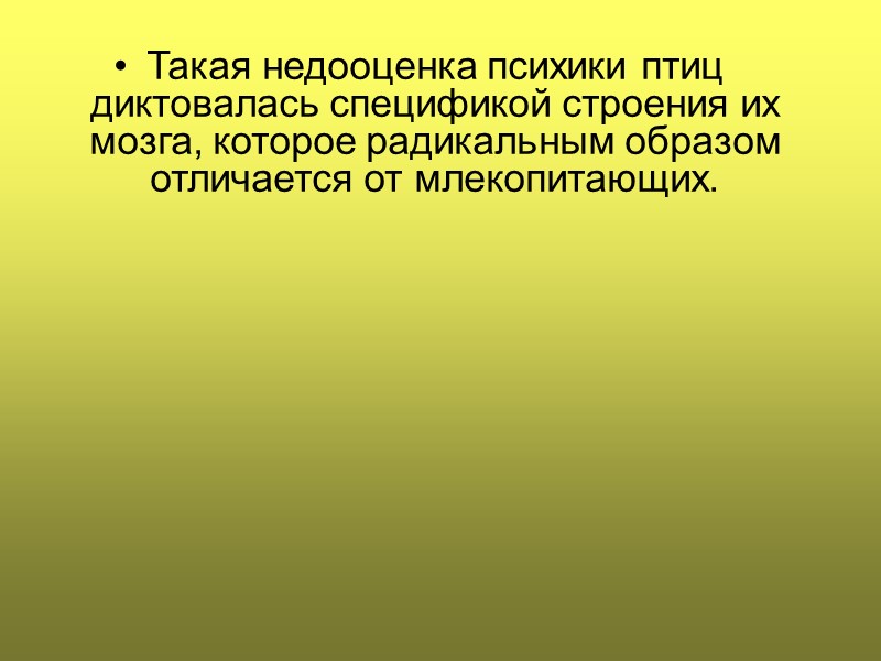 Такая недооценка психики птиц диктовалась спецификой строения их мозга, которое радикальным образом отличается от